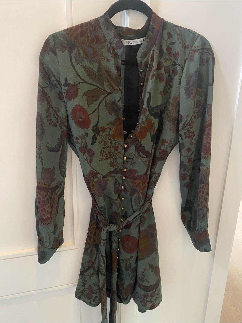 Zara sage green botanical long-sleeve wrap dress